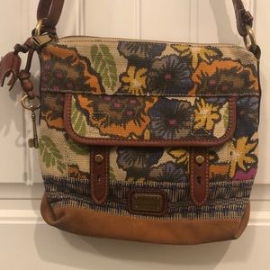 Fossil floral textile & leather crossbody bag